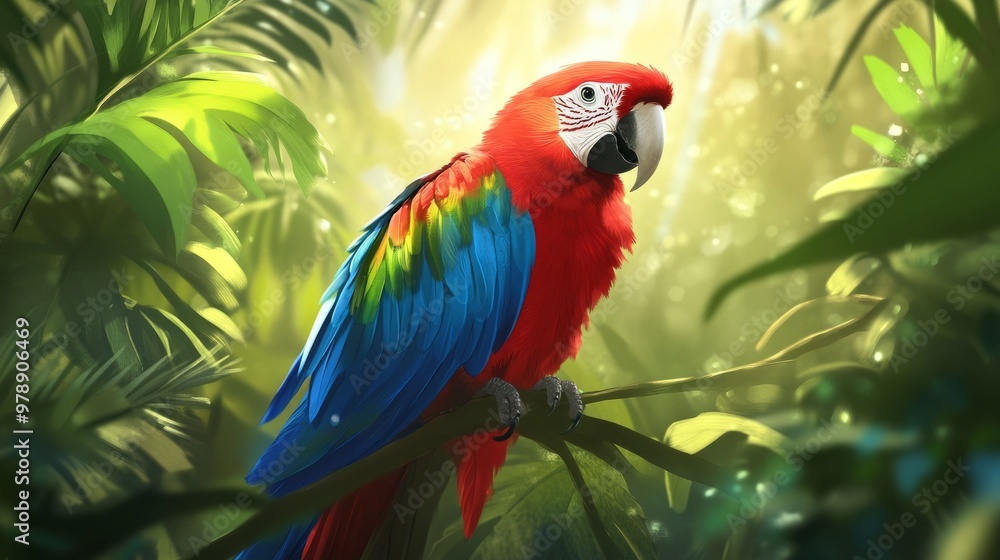A cute, cheerful parrot perched on a shoulder, its vibrant red and blue feathers contrasting against the green jungle surroundings. A cute, cheerful parrot perched on a shoulder, its vibrant red and blue feathers contrasting against the green jungle surroundings.