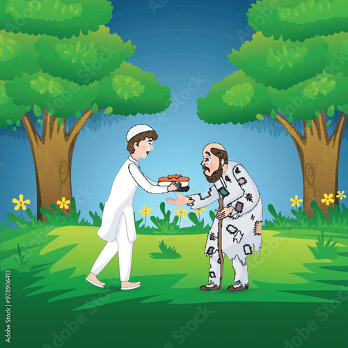 Muslim boy giving cloth to old beggar on nature view background.