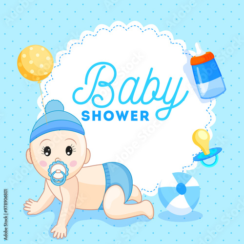 Cute little sardar boy with elements such as pacifier, baby bottle, balloon and ball on blue background for Baby Shower celebration concept. photo