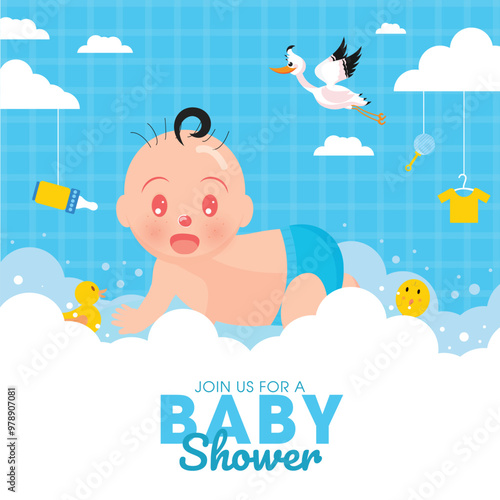 Cute infant boy with stork, toys, clothes and milk bottle for Baby Shower celebration concept. Can be used as poster or template design.