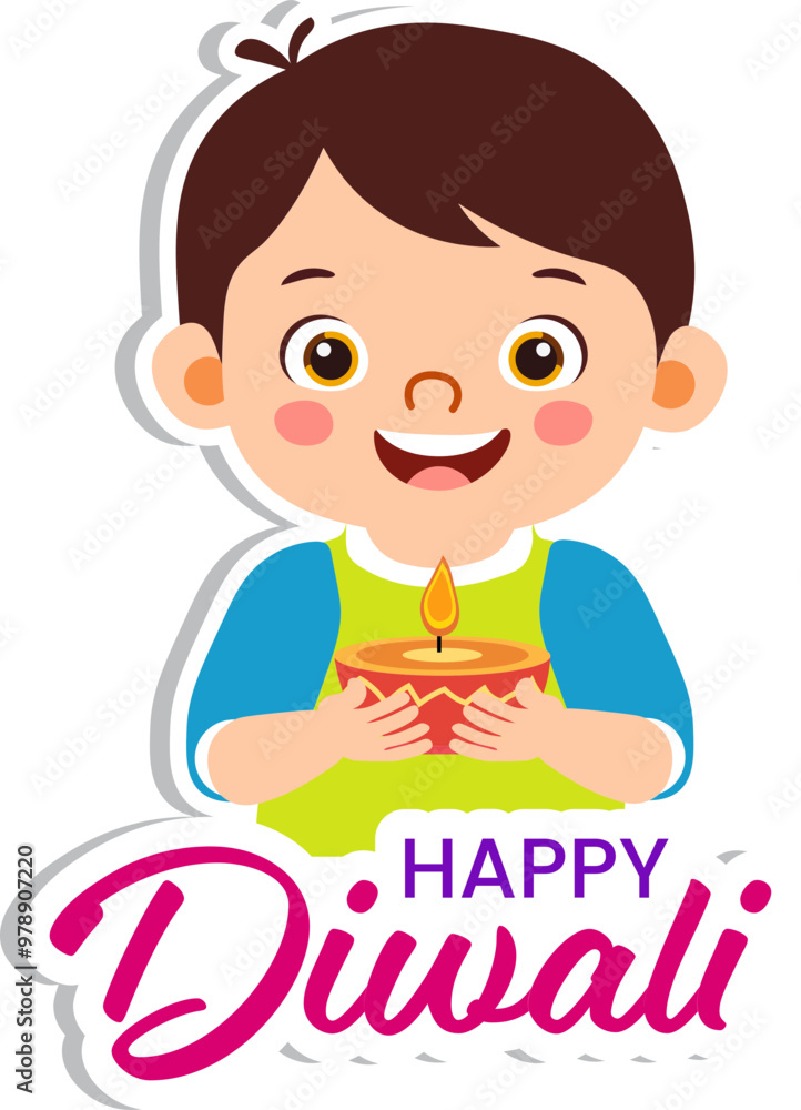 Sticker Style Happy Diwali Text with Cute Indian Boy Character Holding Illuminated Oil Lamp (Diya) on Grey Background. Sticker Style Happy Diwali Text with Cute Indian Boy Character Holding Illuminated Oil Lamp (Diya) on Grey Background.