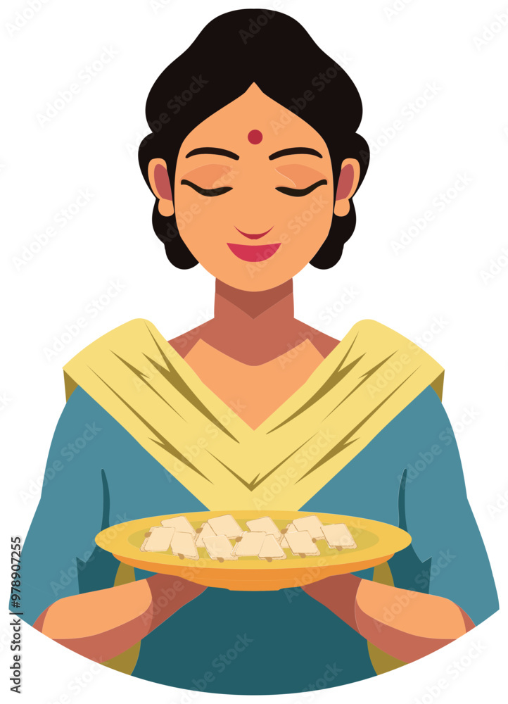 Sticker Style Indian Woman Character Holding Sweet Plate Element for Diwali Festival. Sticker Style Indian Woman Character Holding Sweet Plate Element for Diwali Festival.