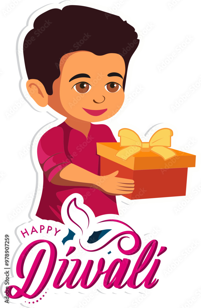 Sticker Style Happy Diwali Text with Indian Boy Character Offering Gift on Grey Background. Sticker Style Happy Diwali Text with Indian Boy Character Offering Gift on Grey Background.