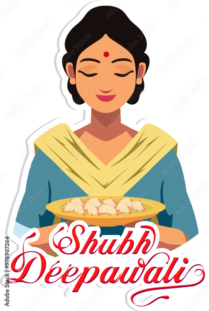 Sticker Style Shubh Deepawali Text with Indian Woman Character Holding Sweet Plate on Grey Background. Sticker Style Shubh Deepawali Text with Indian Woman Character Holding Sweet Plate on Grey Background.