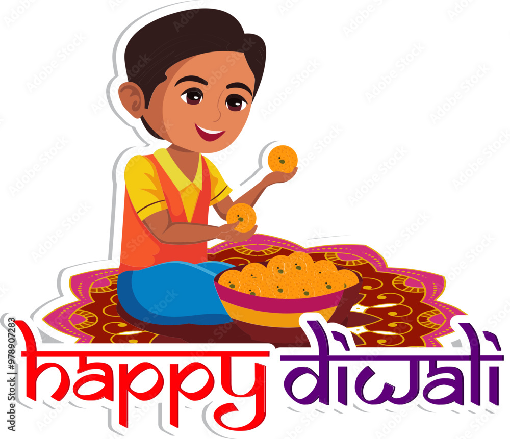 Sticker Style Cute Indian Boy Character Eating Sweet Balls (Laddu) on Mandala or Rangoli for Happy Diwali Celebration. Sticker Style Cute Indian Boy Character Eating Sweet Balls (Laddu) on Mandala or Rangoli for Happy Diwali Celebration.