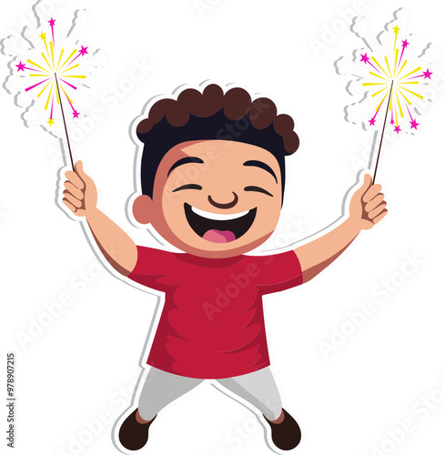 Cheerful Indian Boy Character Celebrating Diwali with Sparkling Sticks in Sticker Style on Grey Background. photo