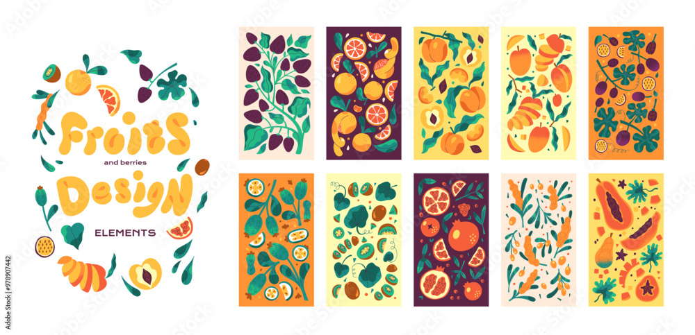 © Paper Trident - Design elements with fruits and berries set. Minimal abstract cards with harvest. Template of bookmarks with pattern of food, plants: sea buckthorn, papaya, oranges, peach. Flat vector illustrations