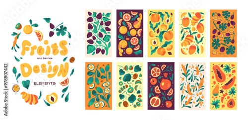 Design elements with fruits and berries set. Minimal abstract cards with harvest. Template of bookmarks with pattern of food, plants: sea buckthorn, papaya, oranges, peach. Flat vector illustrations