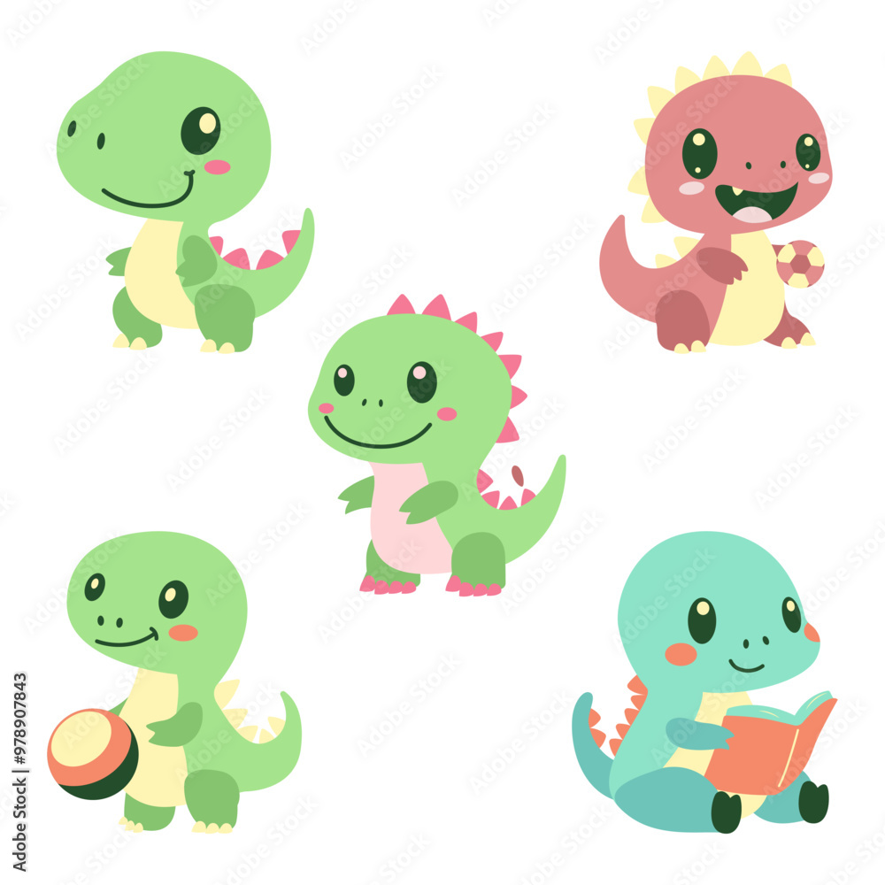 Obraz premium Set of Cute Baby Dinosaur Mascot Cartoon Character Playing While Smiling