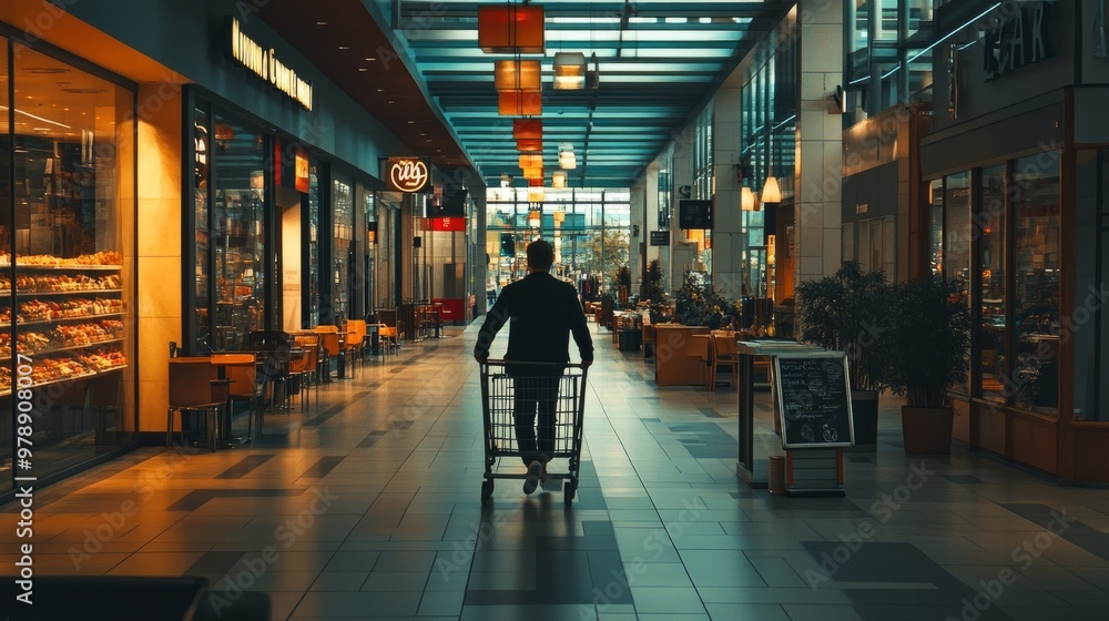 A man pushing an empty cart through the mall's food court, eyeing restaurants and cafes along the way. A man pushing an empty cart through the mall's food court, eyeing restaurants and cafes along the way.