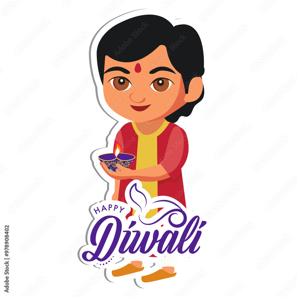 Sticker Style Happy Diwali Text with Indian Boy Character Holding Illuminated Oil Lamp (Diya) on Grey Background. Sticker Style Happy Diwali Text with Indian Boy Character Holding Illuminated Oil Lamp (Diya) on Grey Background.