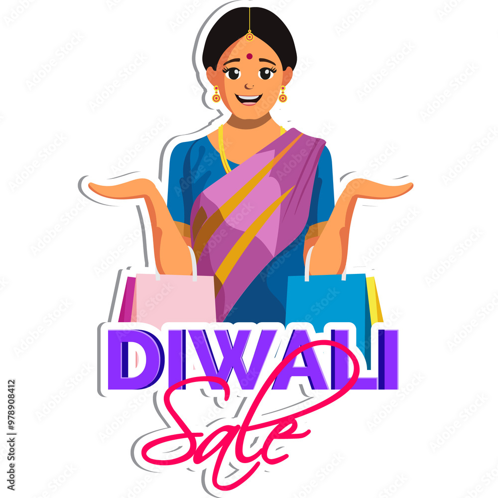Sticker Style Diwali Sale Text with Happy Indian Woman Character Holding Shopping Bags in Saree on Grey Background. Sticker Style Diwali Sale Text with Happy Indian Woman Character Holding Shopping Bags in Saree on Grey Background.