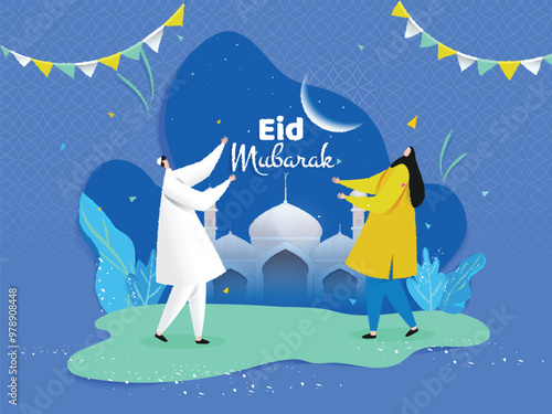 Eid Mubarak poster or banner design. Cartoon character of man and woman enjoying Eid Party.