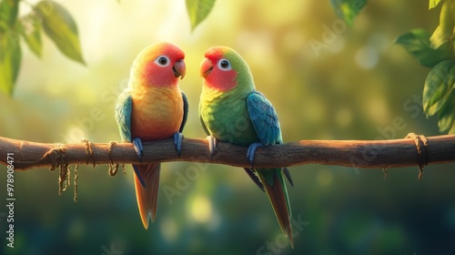 A pair of cheerful parrots chirping to each other while sitting on a wooden branch, their colorful feathers illuminated by soft sunlight. photo