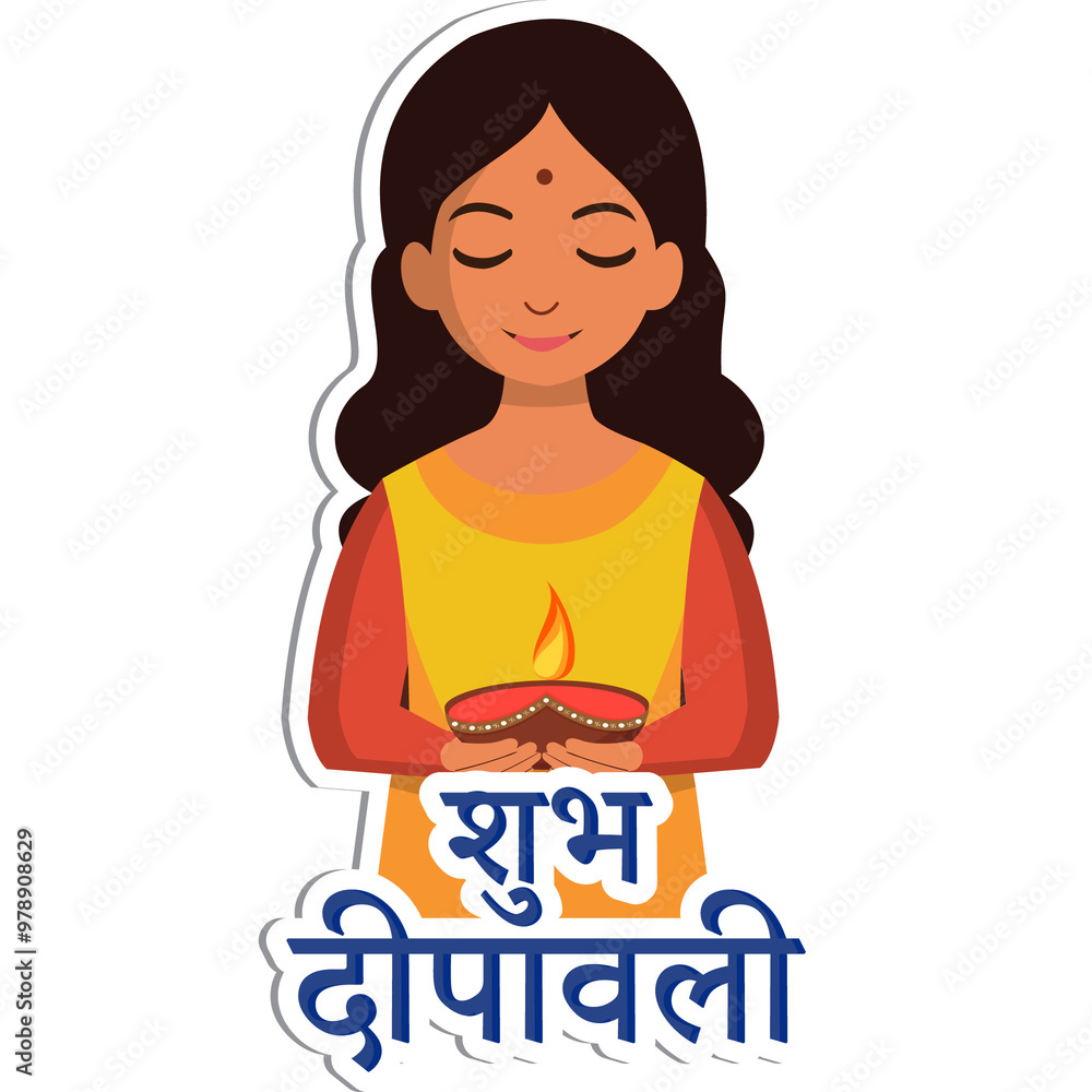 Sticker Style Hindi Text of Happy Diwali and Indian Girl Character Holding Illuminated Oil Lamp (Diya) on Grey Background. Sticker Style Hindi Text of Happy Diwali and Indian Girl Character Holding Illuminated Oil Lamp (Diya) on Grey Background.