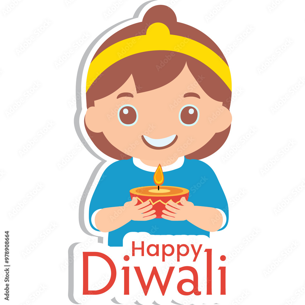 Sticker Style Happy Diwali Text with Cute Indian Girl Character Holding Illuminated Oil Lamp (Diya) on Grey Background. Sticker Style Happy Diwali Text with Cute Indian Girl Character Holding Illuminated Oil Lamp (Diya) on Grey Background.
