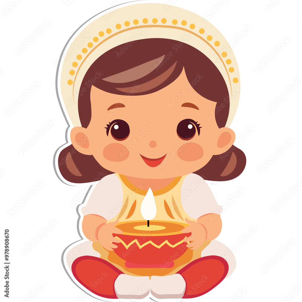 Sticker Style Cute Indian Girl Character Holding Illuminated Oil Lamp (Diwali Diya) on Grey Background. Sticker Style Cute Indian Girl Character Holding Illuminated Oil Lamp (Diwali Diya) on Grey Background.