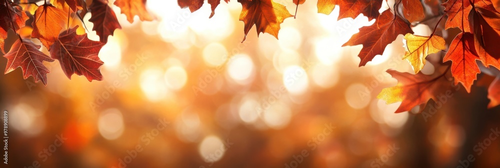 Fototapeta premium Vibrant autumn leaves in warm sunlight creating a beautiful and serene natural background Colorful maple oak and other deciduous trees in a lush forest setting