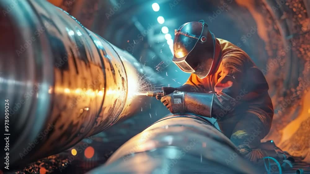 video of Industrial welder working inside a pipe, welding during the construction of a natural gas and fuel transport pipeline. Clean green power and energy concept video of Industrial welder working inside a pipe, welding during the construction of a natural gas and fuel transport pipeline. Clean green power and energy concept