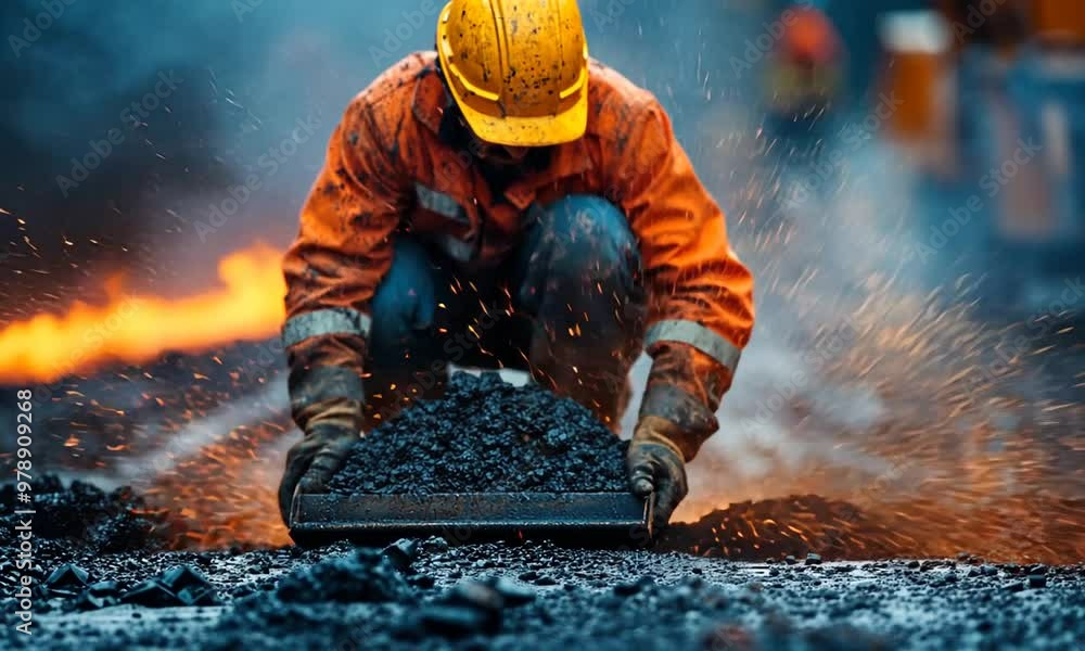 Construction Worker Laying Asphalt