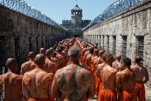 Rows of prisoners in orange uniforms walk within high prison walls topped with barbed wire, symbolizing confinement, discipline, and the stark reality of prison life. photo