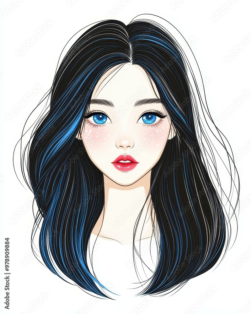 Fototapeta premium A quirky feminine figure flaunting long, sparkly blue hair, with intense cartoon colors and rich details showcasing pop style.