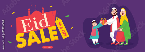 Cartoon character of Islamic couple wishing and giving gift to a child on occasion of Islamic Festival Eid Mubarak.