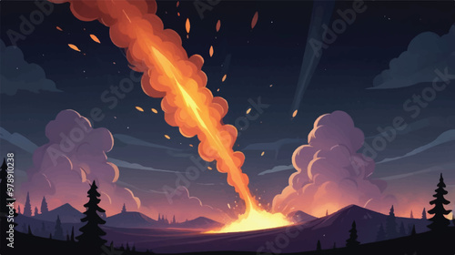 Cartoon Meteor with a Smile Falling from the Sky, Leaving Puffy Smoke Trails Over Whimsical Landscape