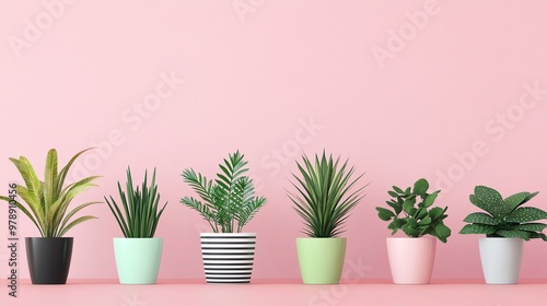 A vibrant arrangement of indoor plants in various pots against a soft pink background, perfect for home decor inspiration.