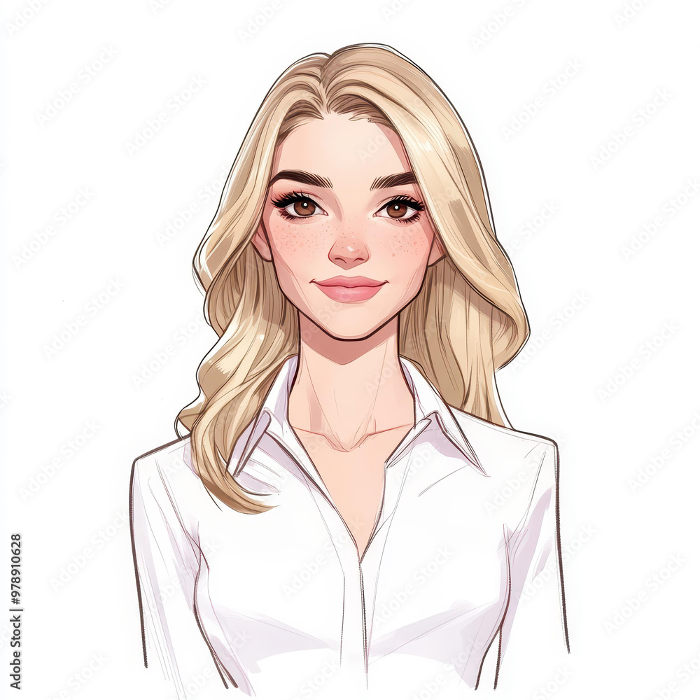 A stylish cartoon woman with mature blonde hair and brown eyes, dressed in a chic white collared shirt and business attire. A stylish cartoon woman with mature blonde hair and brown eyes, dressed in a chic white collared shirt and business attire.