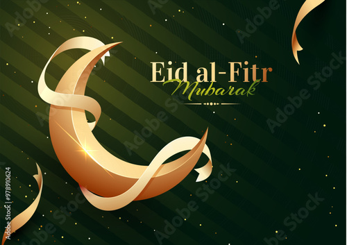 Calligraphy of Eid-Al-Fitr Mubarak with decoration of moon on striped background.