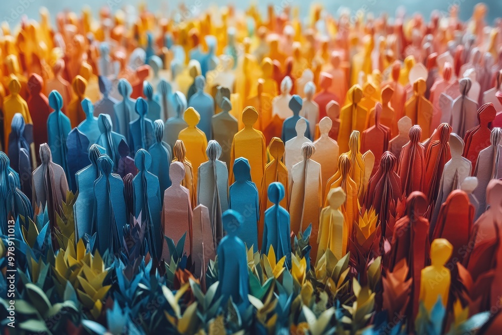 Fototapeta premium A vast and colorful assembly of paper origami figures arranged in a dense, vibrant pattern, representing community and diversity.