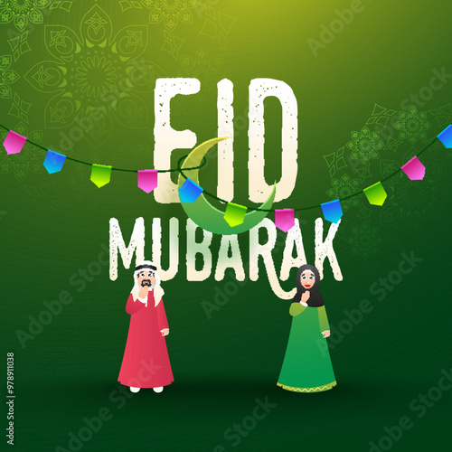 Eid Mubarak celebration concept with cartoon character of Muslim man and woman on floral seamless green background.