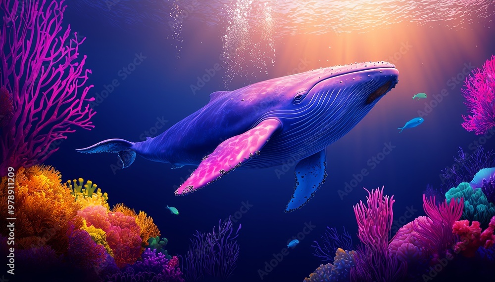 Fototapeta premium A vibrant underwater scene featuring a majestic whale swimming gracefully among colorful coral reefs and tropical fish.
