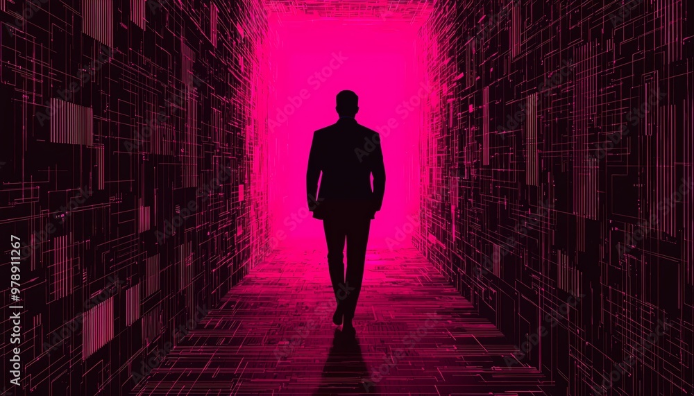 A silhouette of a person walking through a futuristic, glowing pink corridor, symbolizing journey and technology. A silhouette of a person walking through a futuristic, glowing pink corridor, symbolizing journey and technology.
