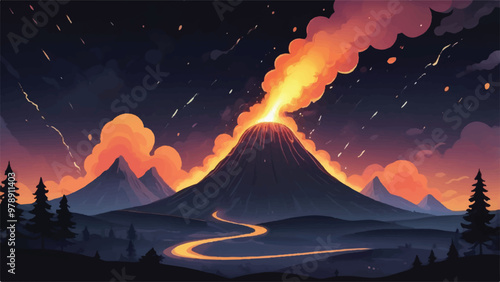 Cartoon Meteor with a Smile Falling from the Sky, Leaving Puffy Smoke Trails Over Whimsical Landscape