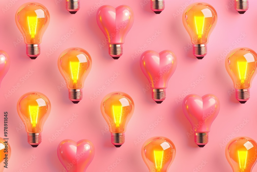 Three dimensional render of old-fashioned light bulbs with only single one glowing. Beautiful simple AI generated image Three dimensional render of old-fashioned light bulbs with only single one glowing. Beautiful simple AI generated image