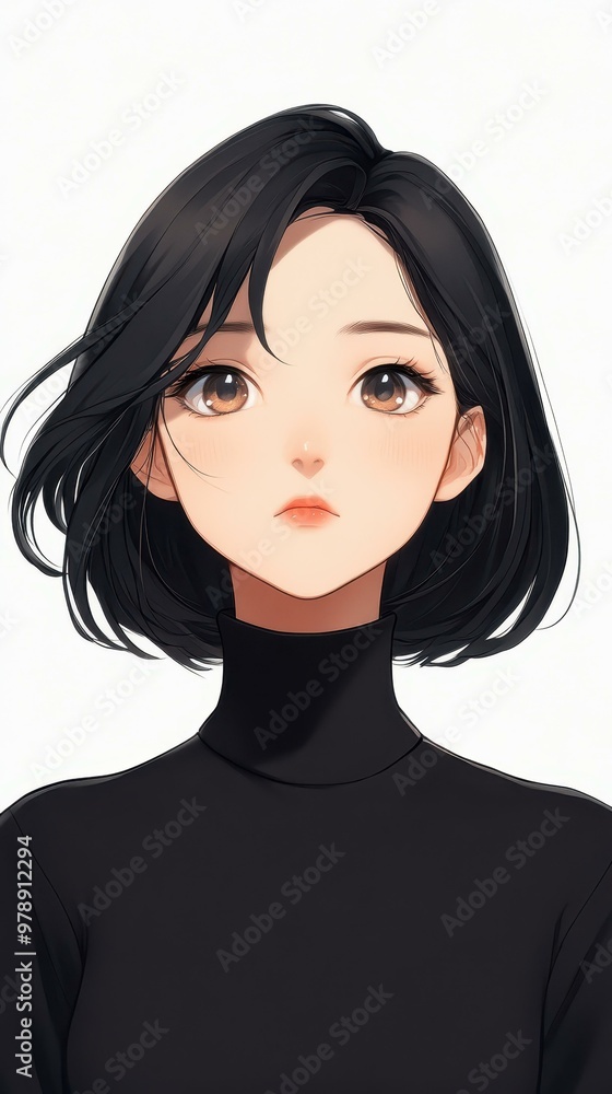 A stunning woman with short black hair, devoid of any expression, captivates with her thin lips and striking features. A stunning woman with short black hair, devoid of any expression, captivates with her thin lips and striking features.