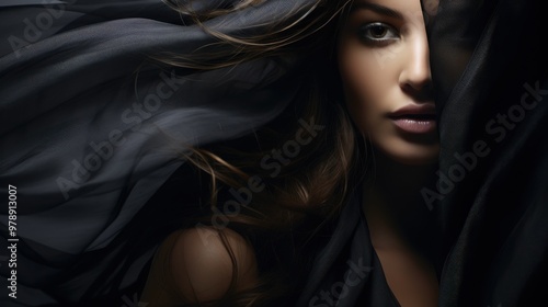 A striking, close-up portrait of a woman partially veiled in black fabric, showcasing her intense gaze and the interplay of shadow and light.