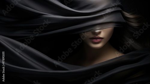 Mysterious woman partially veiled by flowing black fabric, creating an air of intrigue and elegance in a dramatic portrayal.