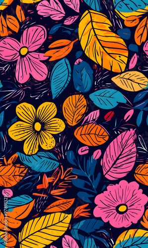 floral and leaf seamless patterns in doodle-style tile designs with graphic format.