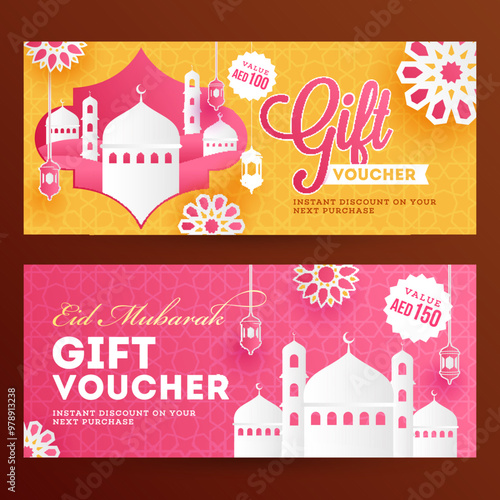 Eid Mubarak gift coupon or voucher front and back design in two different color.