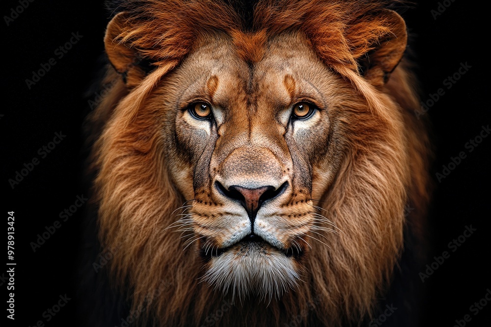 A stunning close-up image of a majestic lion with a golden mane, gazing intently into the camera against a black background, showcasing its regal presence and power. A stunning close-up image of a majestic lion with a golden mane, gazing intently into the camera against a black background, showcasing its regal presence and power.
