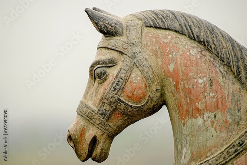 Ancient terracotta horse statue looking towards eternity