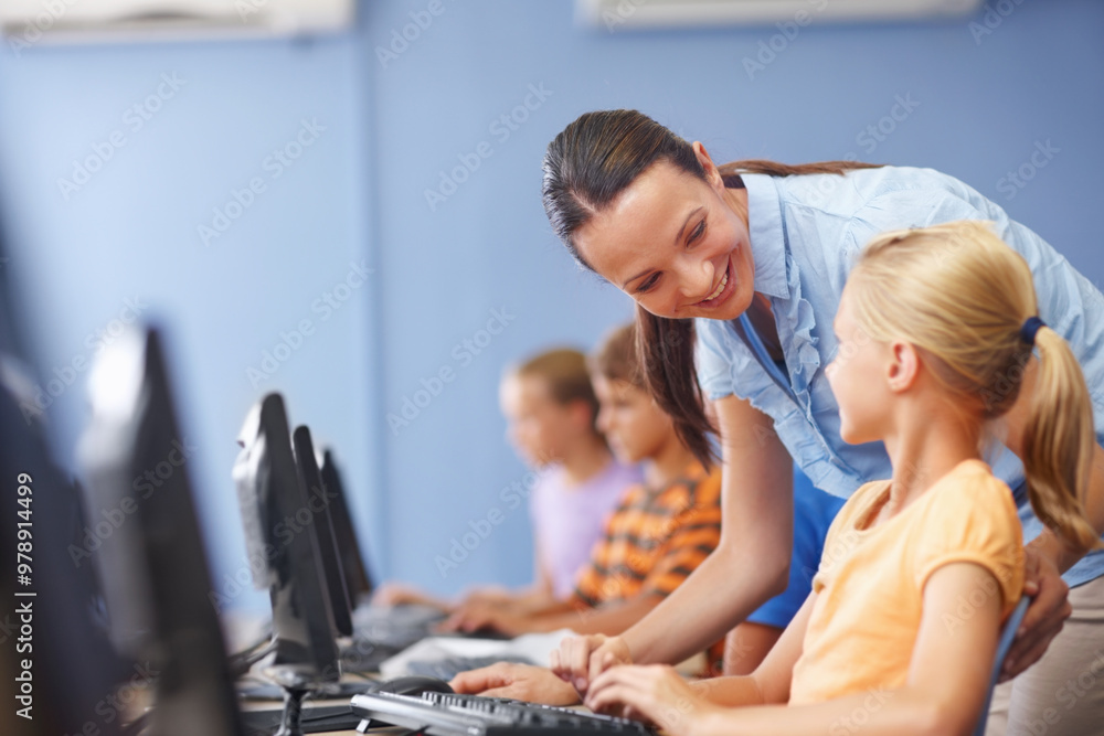 Smile, teacher and children in classroom, computer and teaching of students, coding and research. School, online and elearning with internet, woman and education of kids and studying of robotics Smile, teacher and children in classroom, computer and teaching of students, coding and research. School, online and elearning with internet, woman and education of kids and studying of robotics
