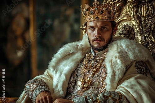 Medieval king sitting on throne wearing gold crown and fur cloak