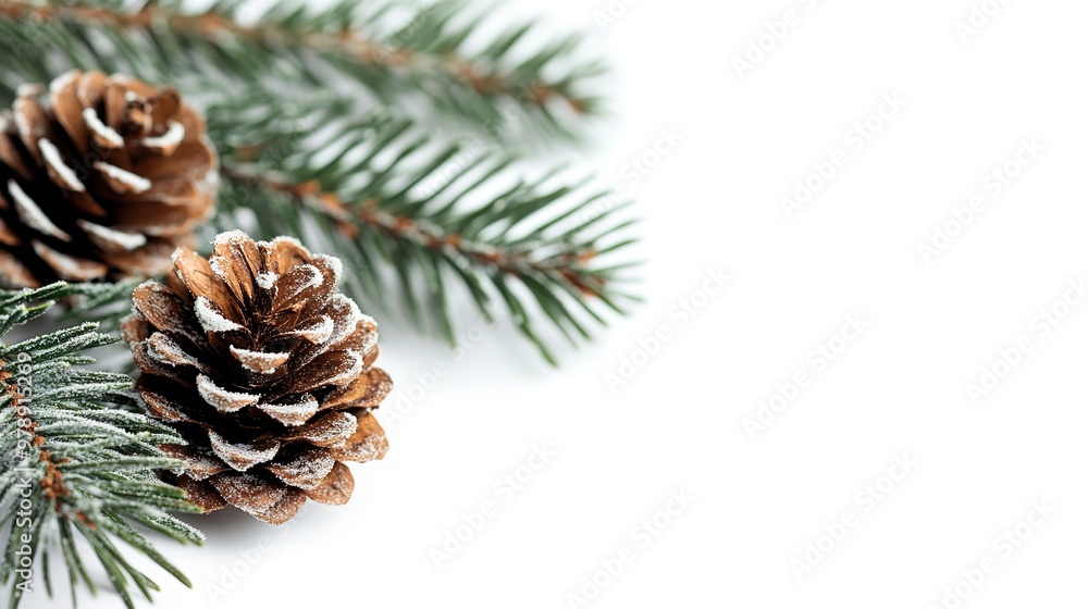 Pine Branch. White Background with Spruce Cones. Close-up Christmas Decoration Pine Branch. White Background with Spruce Cones. Close-up Christmas Decoration