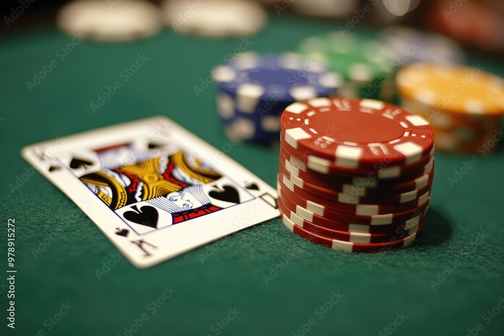 King of spades playing card lying next to stack of poker chips on green felt King of spades playing card lying next to stack of poker chips on green felt