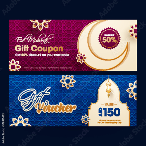 Eid Mubarak gift coupon or voucher design with differnt discount offer in two color option. photo