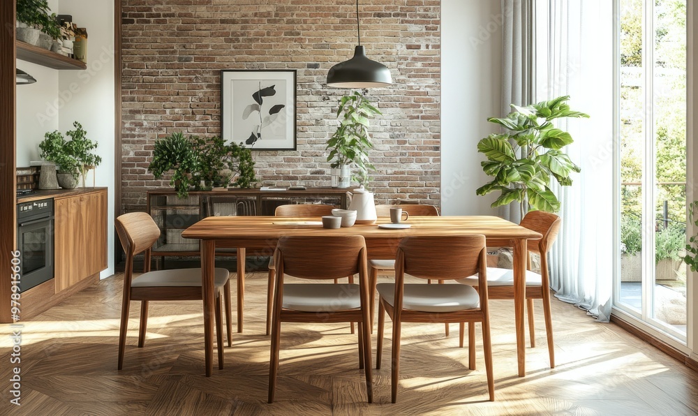 Bright living room with a wooden dining table and chairs, exposed brick wall, and natural light flooding the space. Bright living room with a wooden dining table and chairs, exposed brick wall, and natural light flooding the space.
